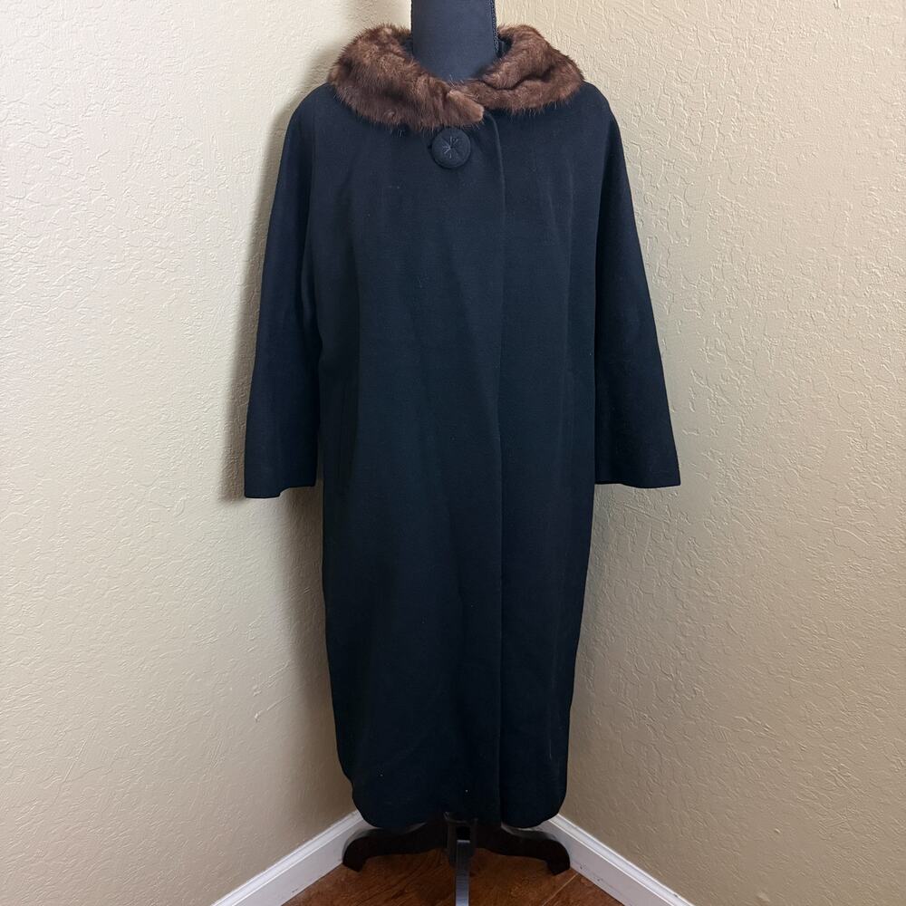 Vintage Mist L.C. Mac California Black Wool Coat Brown Mink Fur Collar